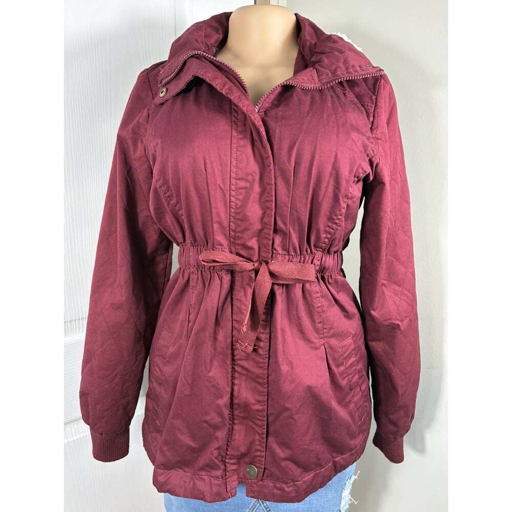 Rue 21 Women Jacket Sz M Winter Coat Red Sherpa Hood waist drawstring warm
